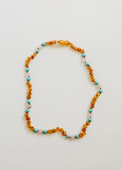 Raw Honey Baltic Amber and Natural Turquoise + Rose Quartz || Necklace by CanyonLeaf