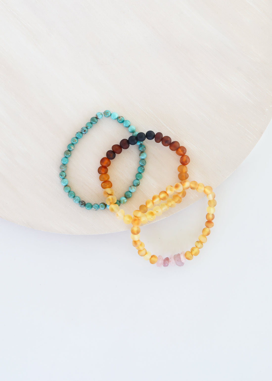 Natural Turquoise + Ombre + Raw Amber with Rose Quartz || Adult Bracelet Set by CanyonLeaf