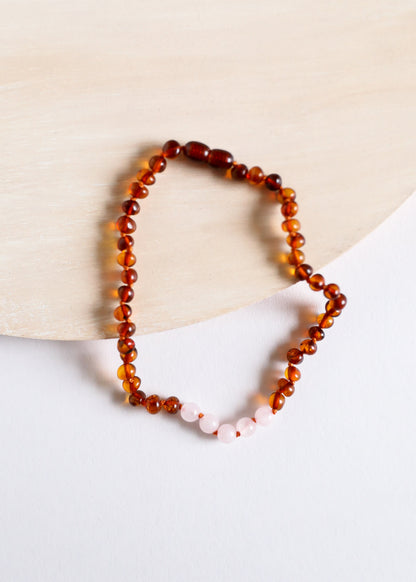 Polished Cognac Baltic Amber + Rose Quartz || Necklace by CanyonLeaf