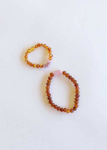 Raw Cognac Baltic Amber + Raw Rose Quartz || Bracelet Set by CanyonLeaf