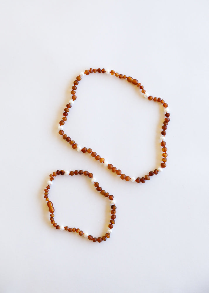 Raw Cognac Baltic Amber + Pearl Halo || Necklace Set by CanyonLeaf