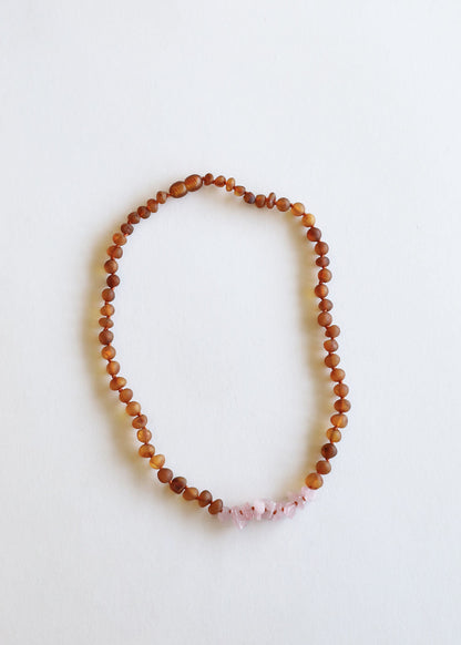 Raw Cognac Baltic Amber + Raw Rose Quartz || Necklace by CanyonLeaf