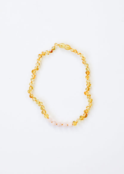 Polished Honey Baltic Amber + Rose Quartz || Necklace by CanyonLeaf