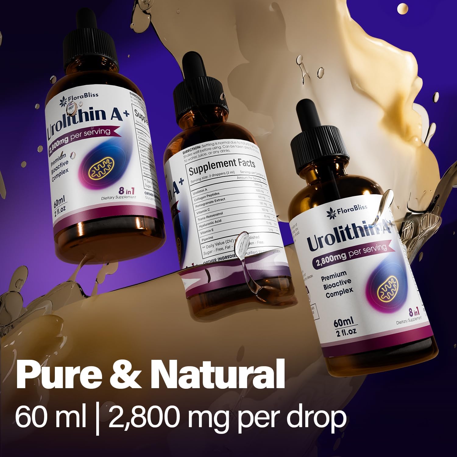 Urolithin A Supplement 2800 mg Liquid Drops | with Trans-Resveratrol, Collagen Peptides, Pomegranate Extract, Hyaluronic Acid, Vitamin E &amp; C by FreshDrinkUS - Natural and Premium Herbal Tea