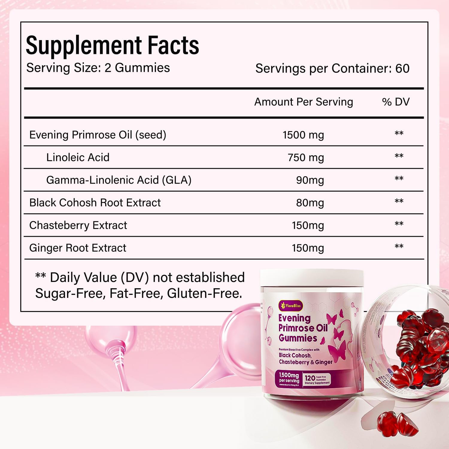 Evening Primrose Oil Gummies | 1500mg | with Black Cohosh, Chasteberry, Ginger Extract for Daily Women&