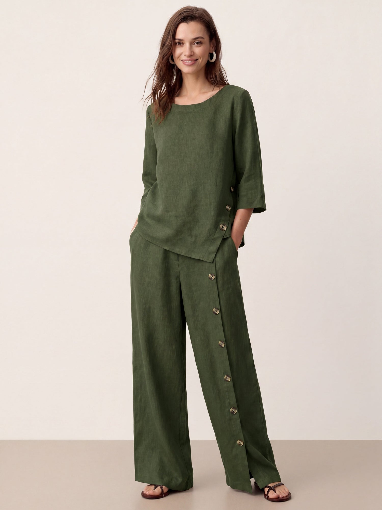 100% Linen Buttoned Slit-Hem Pants KATYA by LINTICO