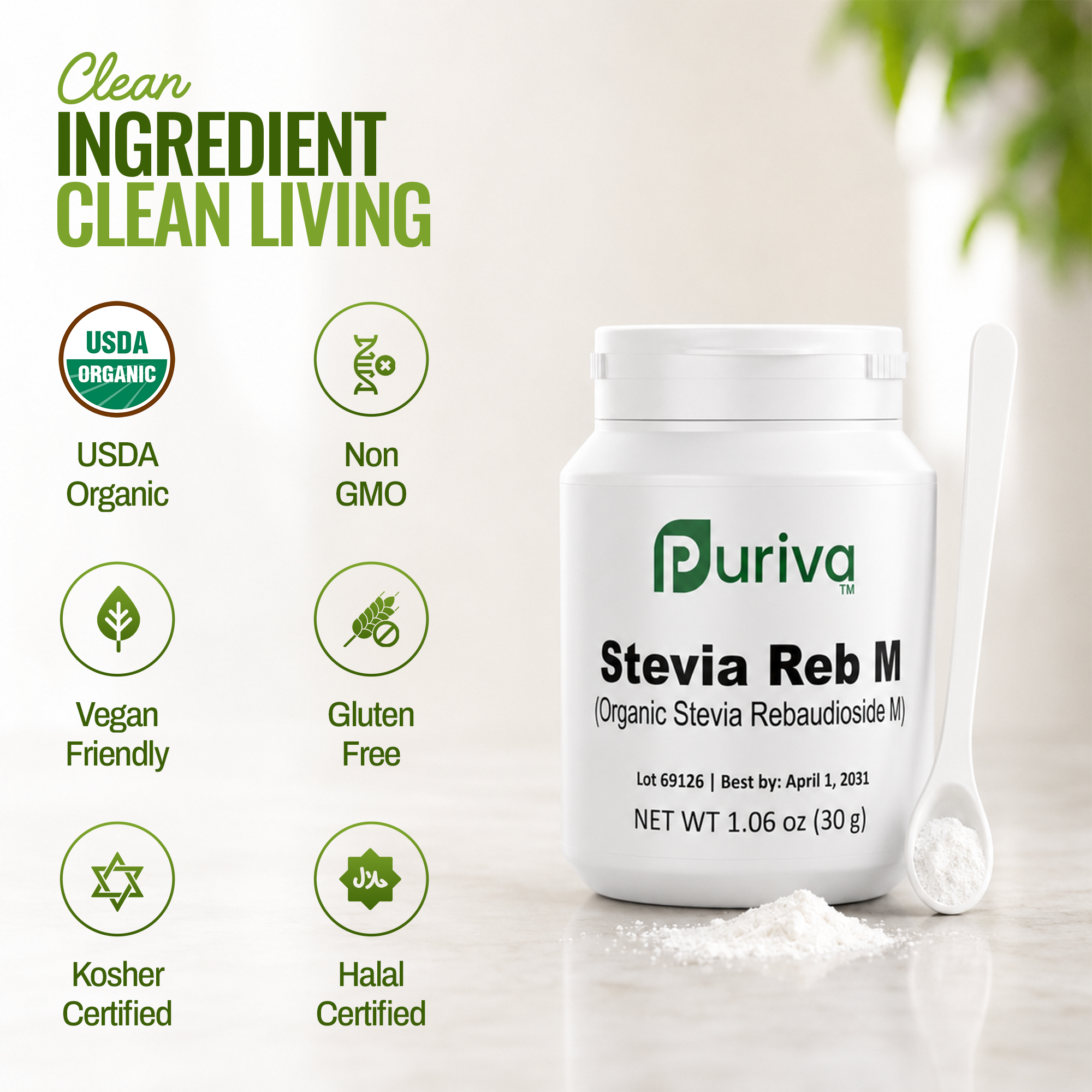 Stevia Reb M powder, (Reb-M | Rebaudioside M), 60 grams | 2,000 servings, Puriva Nutrition by Puriva Nutrition