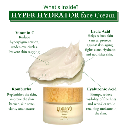 PREMIUM 100% VEGAN HYPER HYDRATOR Face Moisturizer With SPF 30 + Hyaluronic Acid + Lactic acid + Vitamin C + Kombucha by LOHV ESSENTIALS