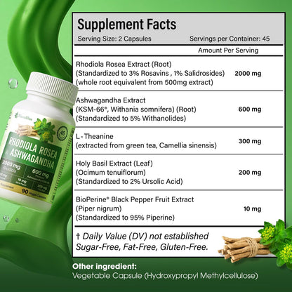 Rhodiola Rosea 2000mg with Ashwagandha KSM-66, L-Theanine, Holy Basil &amp; BioPerine - High Potency Vegan Capsules by FreshDrinkUS - Natural and Premium Herbal Tea