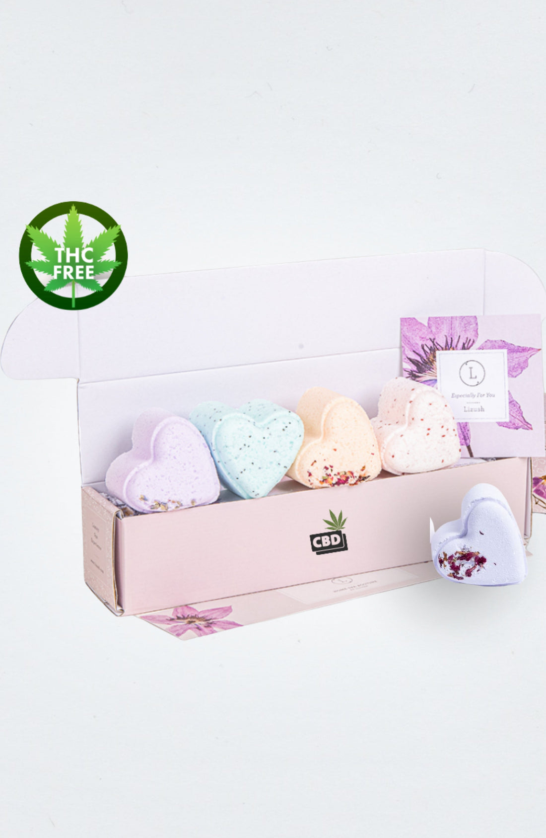 CBD - 5 Hearts Shaped Shower Steamers/ fizzies with CBD - in a Gift Box - Can be personalized. (THC free) by Lizush