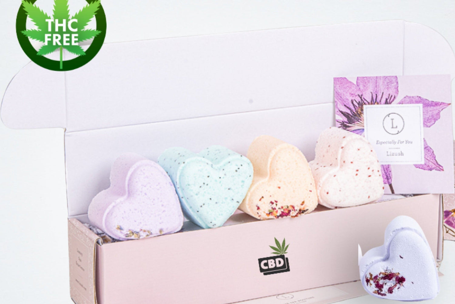 CBD - 5 Hearts Shaped Shower Steamers/ fizzies with CBD - in a Gift Box - Can be personalized. (THC free) by Lizush