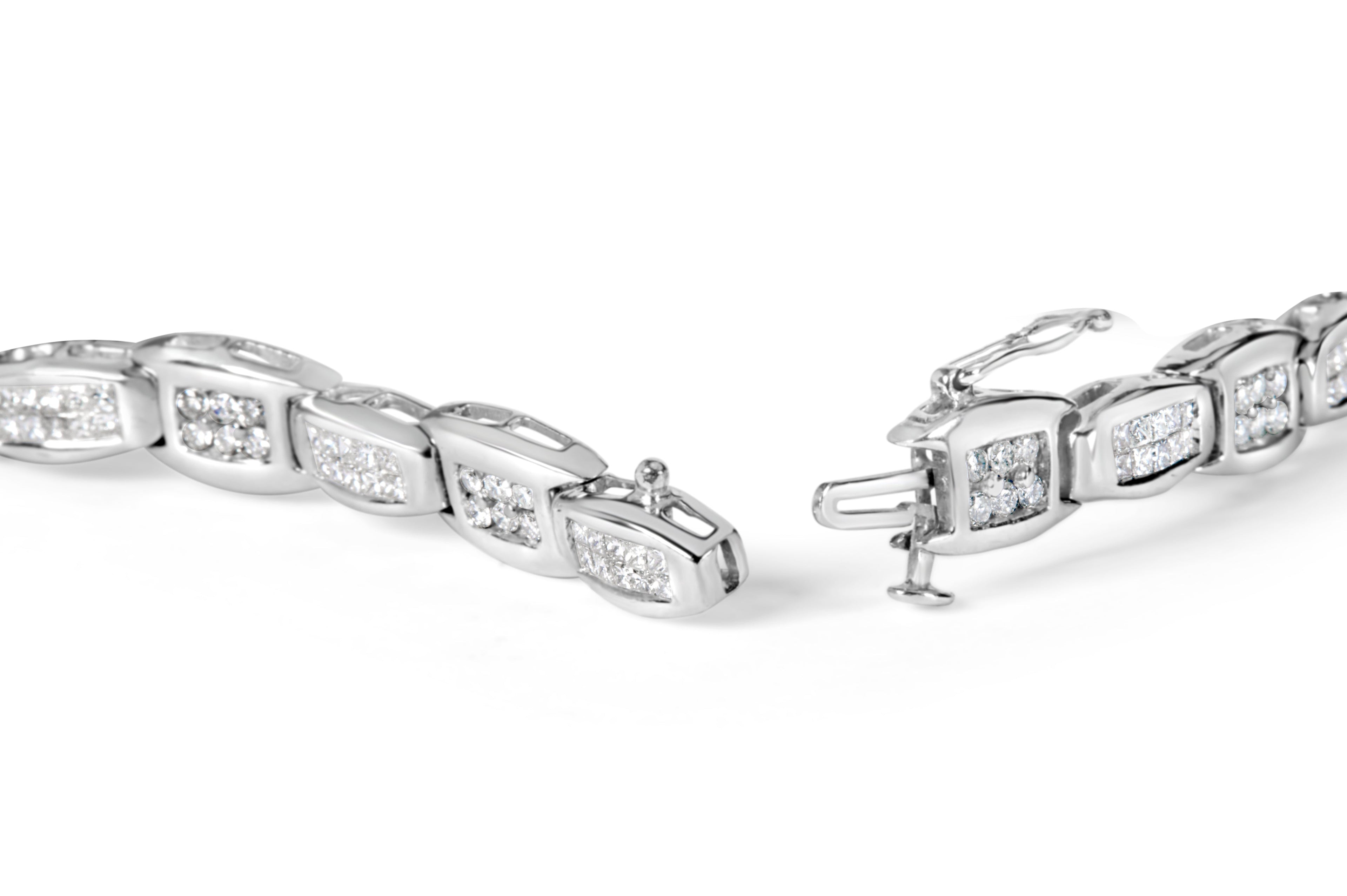 14K White Gold 2-1/2 Cttw Round-Brilliant &amp; Baguette Cut Diamond 7" Alternating Flared Links Tennis Bracelet (H-I Color, SI1-SI2 Clarity)