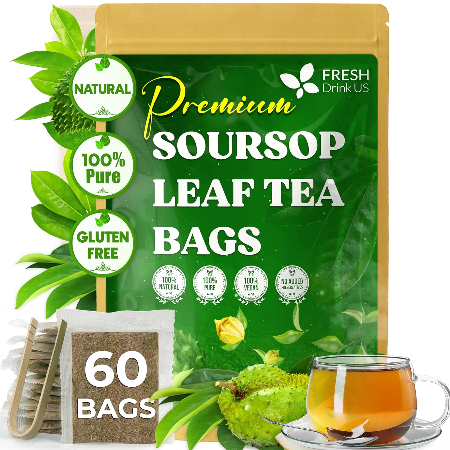 Premium Soursop Leaves Tea bags, Dried Soursop Leaves, Soursop Leaf Powder, Guanabana Leaves Tea, Hoja Guanabana Tea by FreshDrinkUS - Natural and Premium Herbal Tea