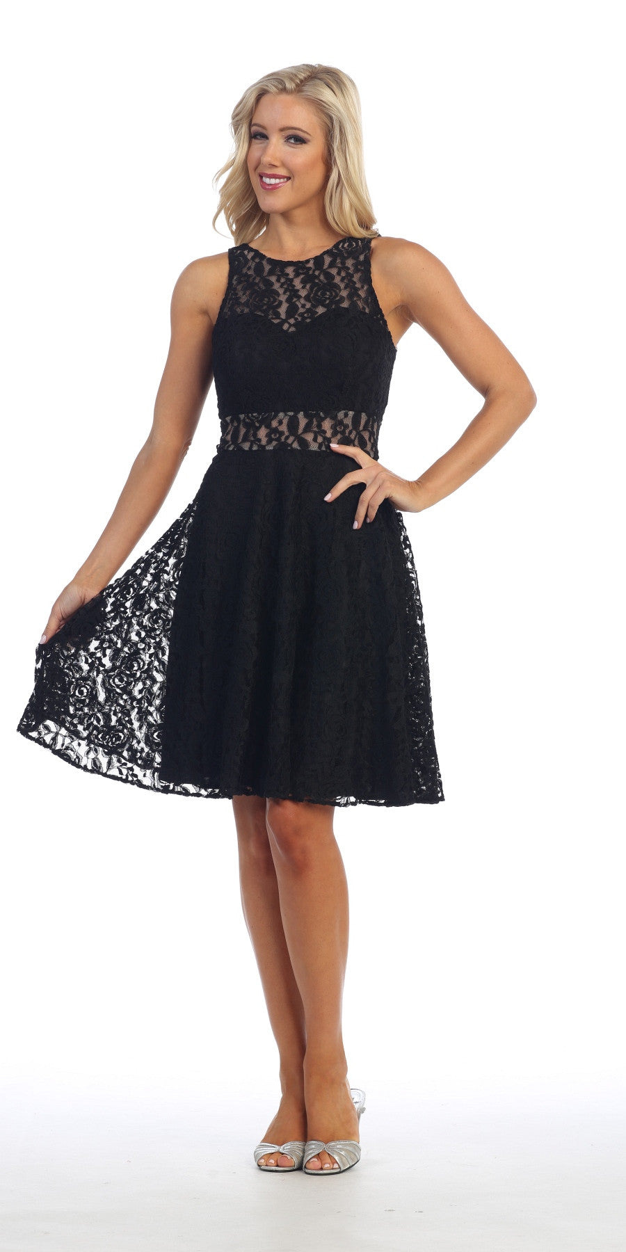 CLEARANCE - Celavie 6201s Sleeveless Black Lace Dress Knee Length (Size L) by DiscountDressShop