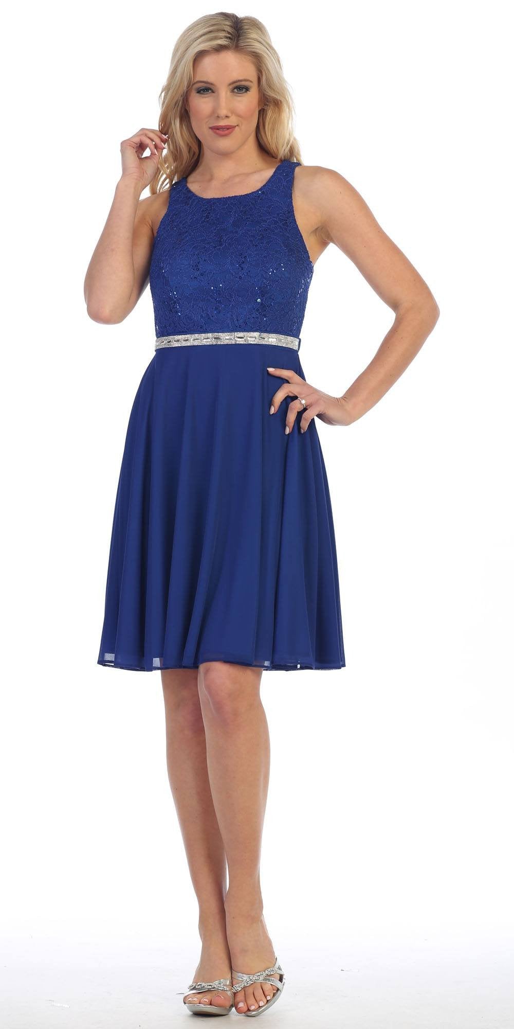 CLEARANCE - Celavie 6253 Scoop Neck Lace Top Cocktail Dress (Size L) by DiscountDressShop