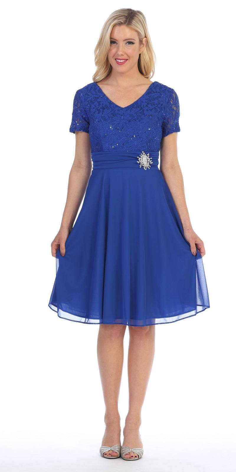 CLEARANCE - Celavie 6320S Knee Length Dress With Short Sleeves (Size L) by DiscountDressShop