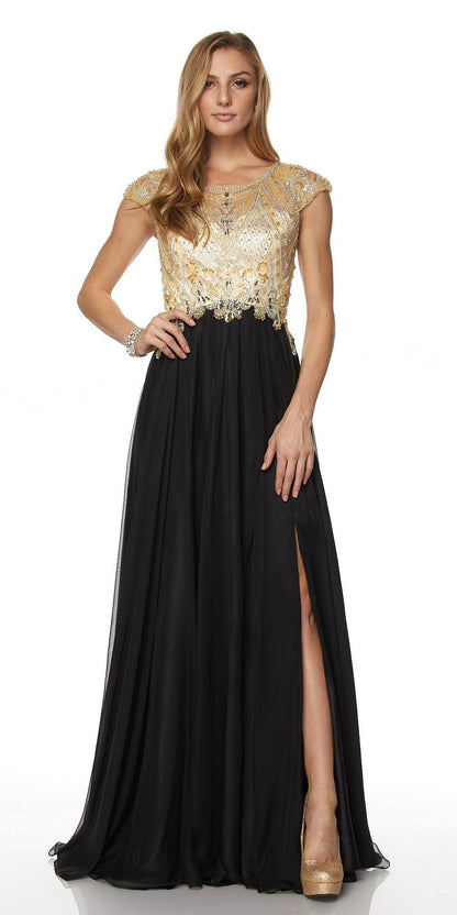 Juliet 636 Beaded Bodice Cap Sleeve Prom Gown with Slit and Train by DiscountDressShop
