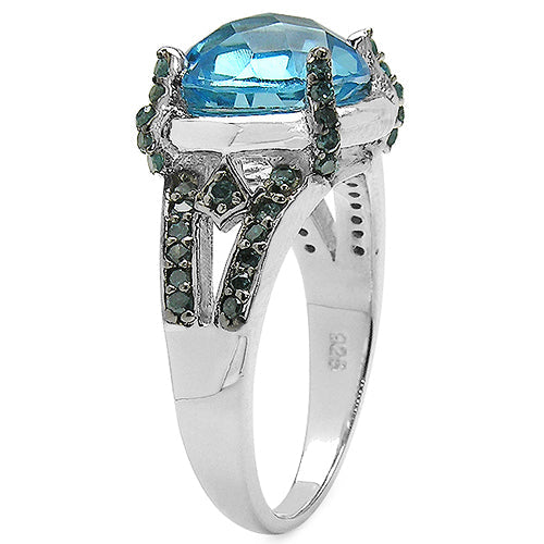 5.43 Carat Genuine Swiss Blue Topaz &amp; Blue Diamond .925 Sterling Silver Ring