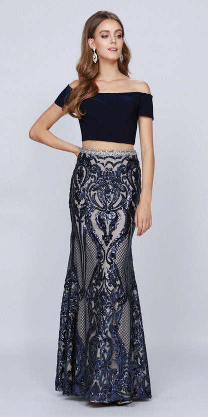Juliet 663 Off-Shoulder Crop Top Two-Piece Long Dress by DiscountDressShop