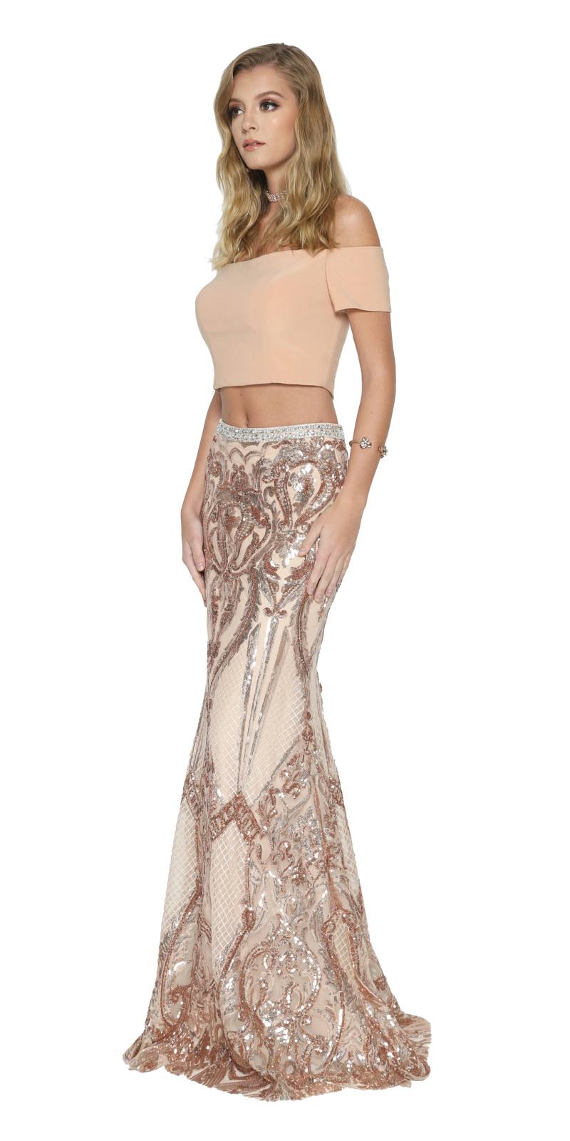 Juliet 663 Off-Shoulder Crop Top Two-Piece Long Dress by DiscountDressShop