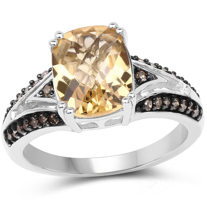 2.79 Carat Genuine Citrine, Champagne Diamond &amp; White Diamond .925 Sterling Silver Ring