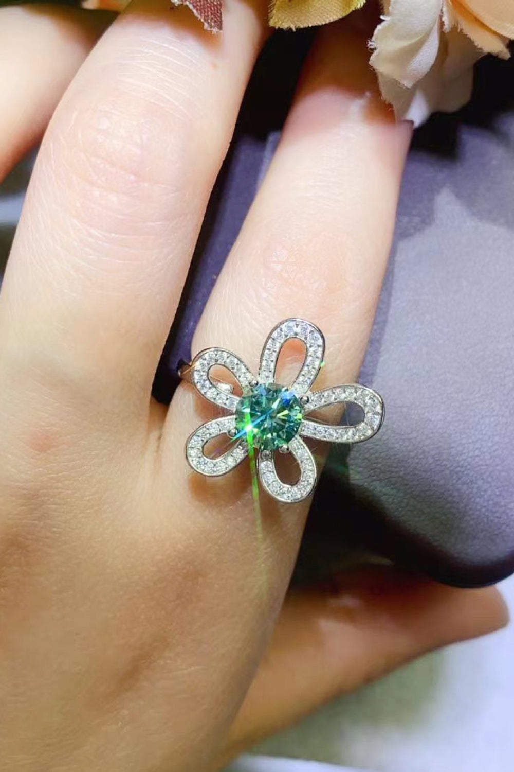1 Carat Green Sparkala™ Flower Shape Open Ring by Sparkala