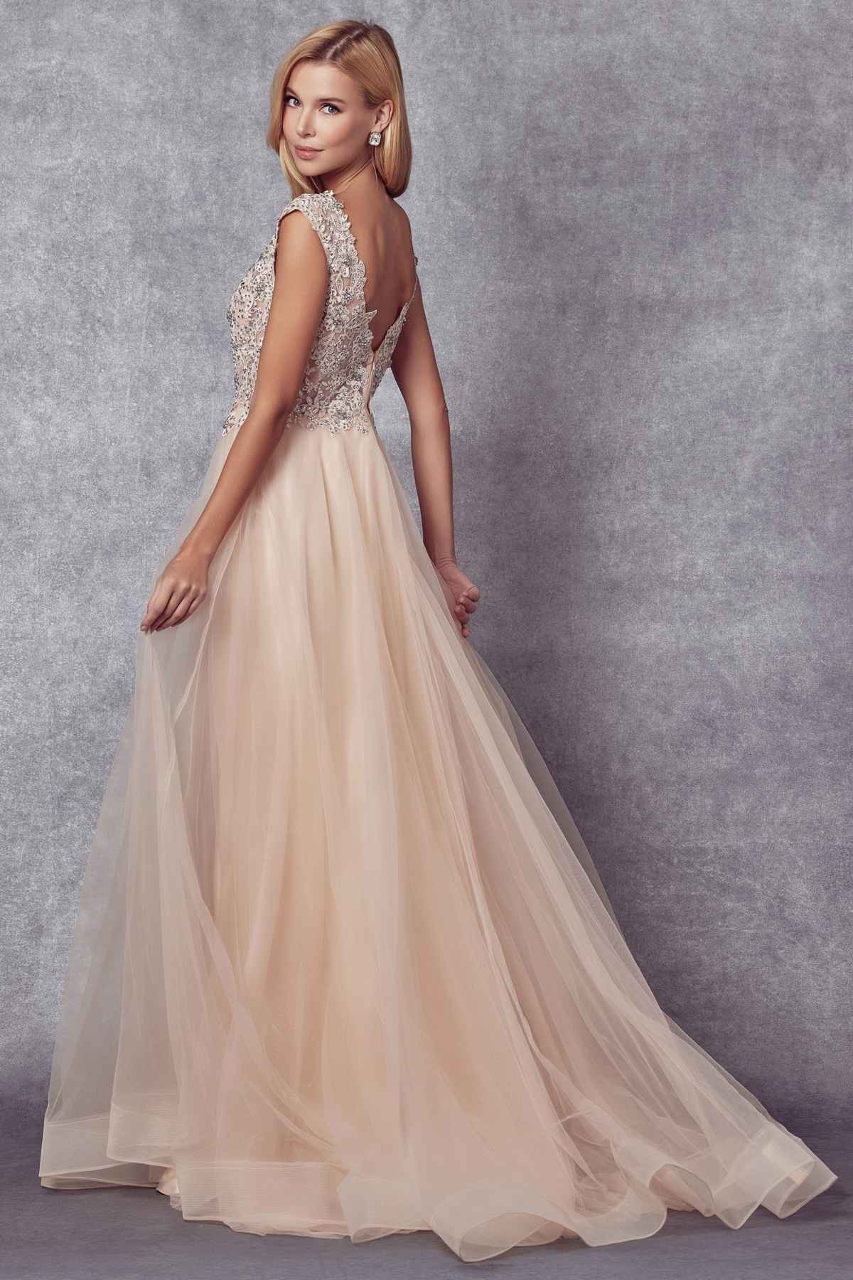 Juliet 684 Cap Sleeved Long Formal Dress with Appliques by DiscountDressShop