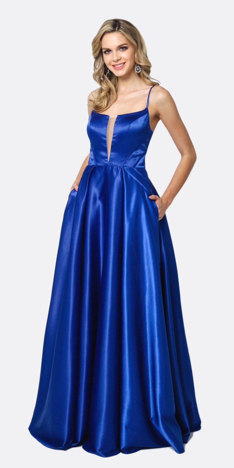 Juliet 687 Long Shiny Satin A-line Prom Gown with Pockets by DiscountDressShop