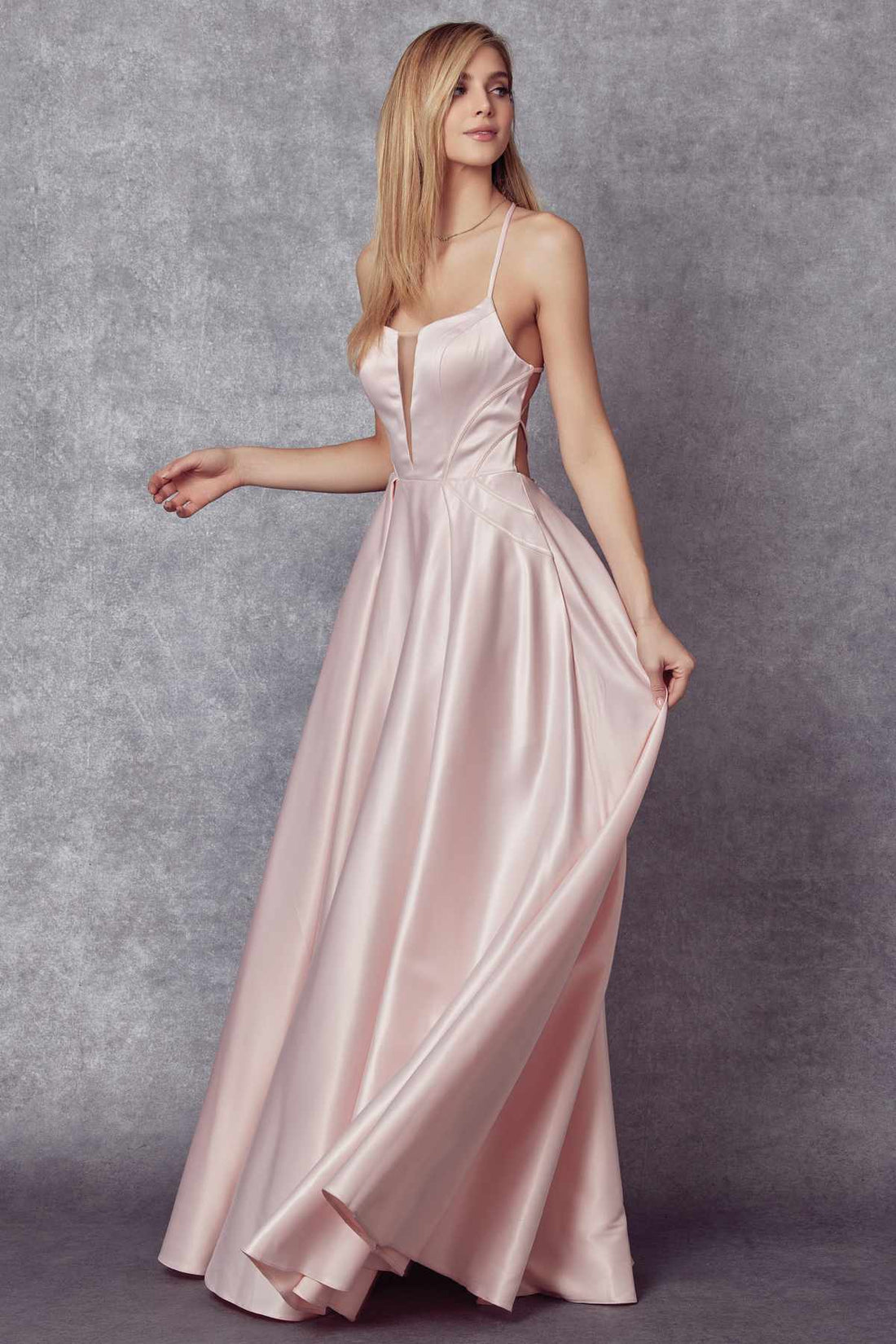 Juliet 687 Long Shiny Satin A-line Prom Gown with Pockets by DiscountDressShop