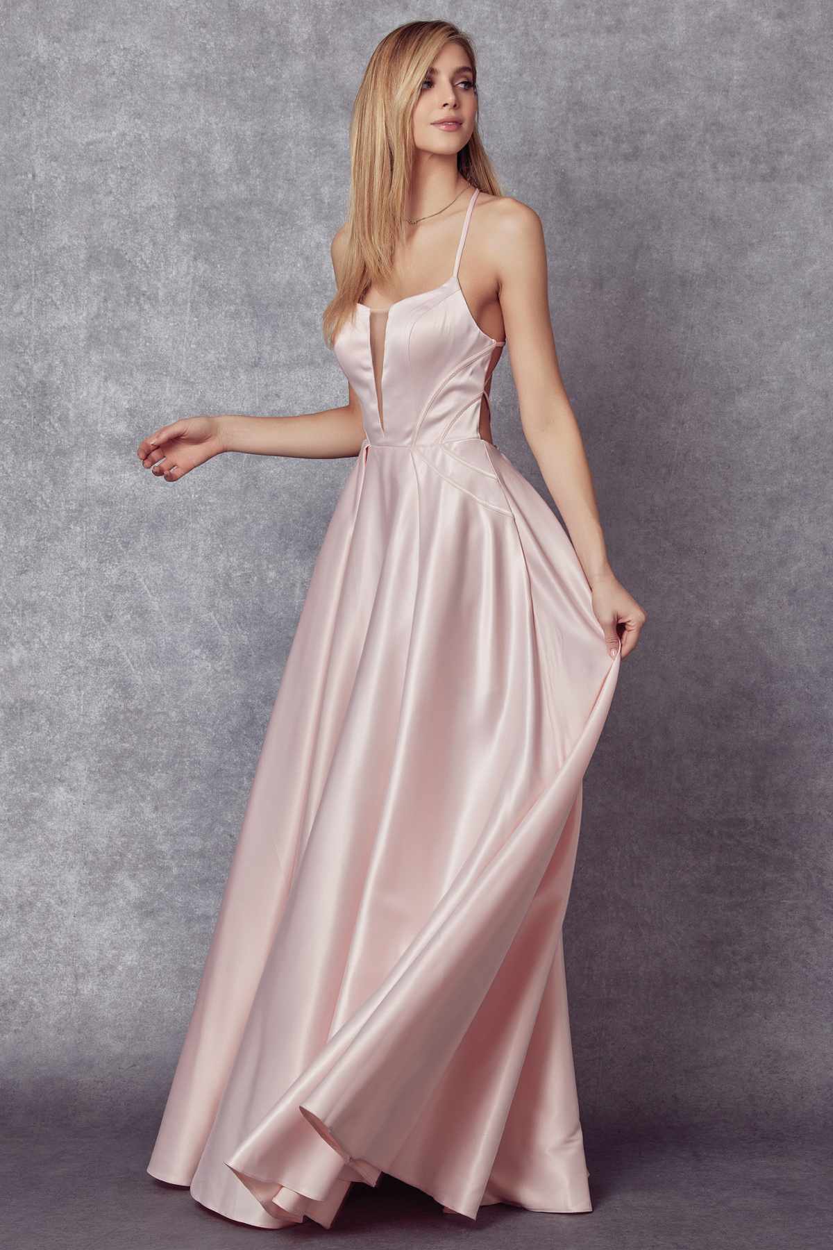 Juliet 687 Long Shiny Satin A-line Prom Gown with Pockets by DiscountDressShop
