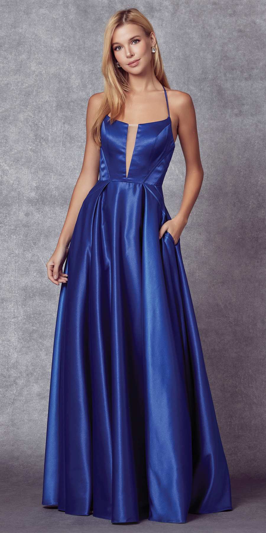 Juliet 687 Long Shiny Satin A-line Prom Gown with Pockets by DiscountDressShop