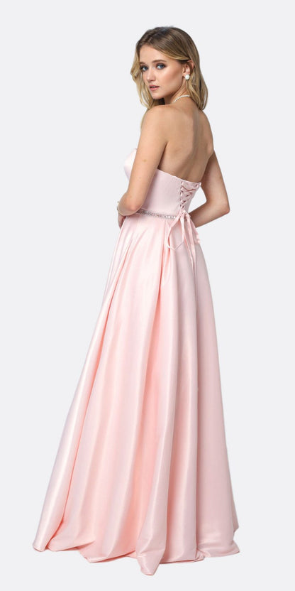Juliet 688 Floor Length Shiny Satin A-Line Gown Beaded Belt with Pockets by DiscountDressShop