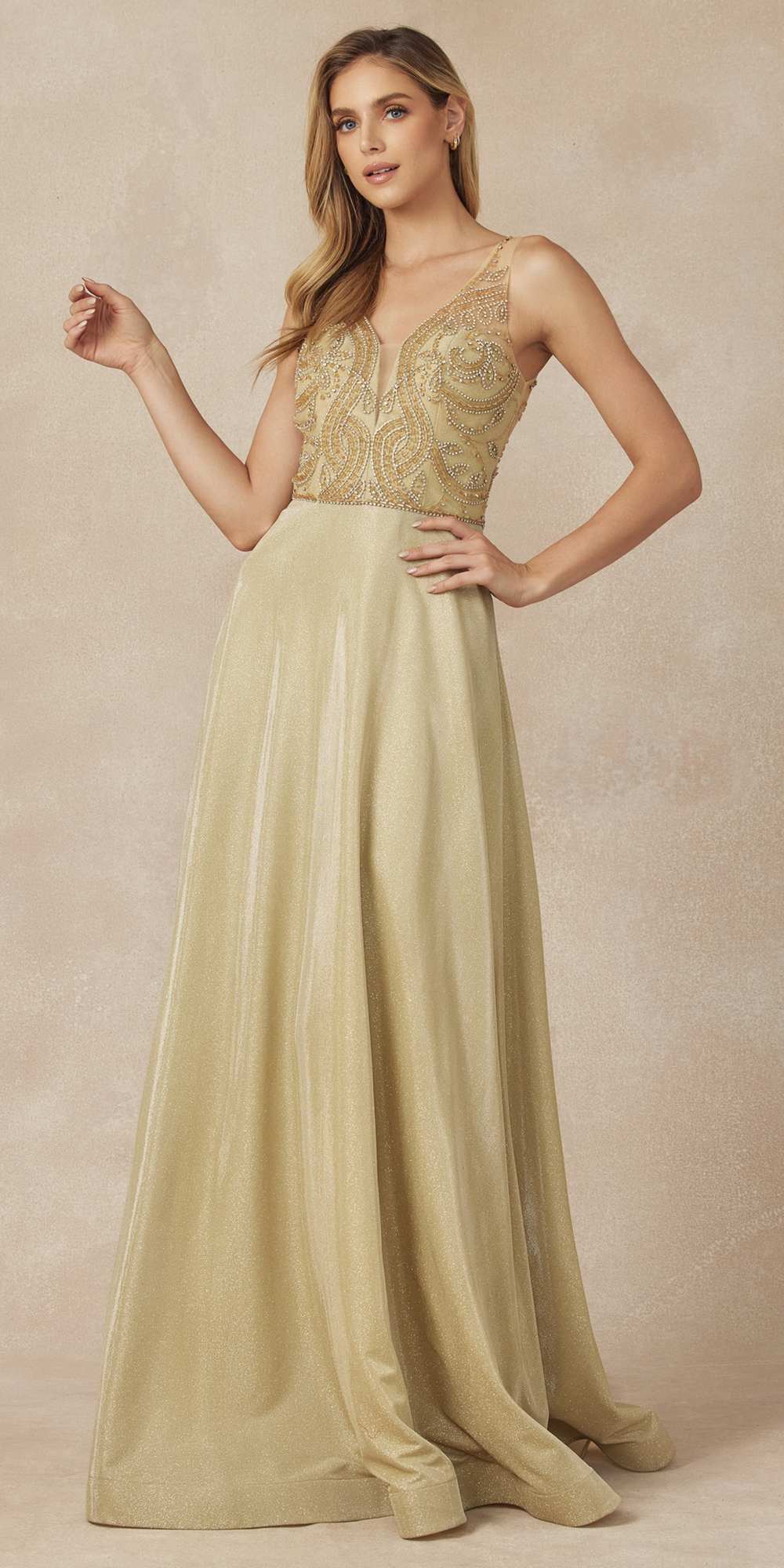 Juliet 699 Metallic Glitter Dress Embellished Bodice V-Neck Sleeveless by DiscountDressShop