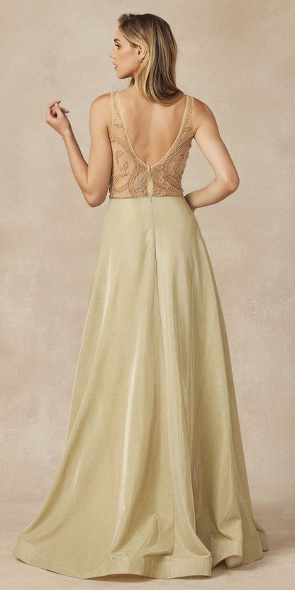 Juliet 699 Metallic Glitter Dress Embellished Bodice V-Neck Sleeveless by DiscountDressShop
