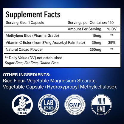 Methylene Blue Capsules - Natural Cacao and Vitamin C Ester for Added Support, Cognitive-Supplement by FreshDrinkUS - Natural and Premium Herbal Tea