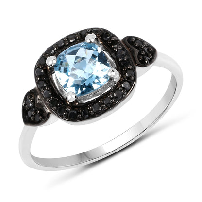 1.19 Carat Genuine Swiss Blue Topaz &amp; Black Diamond .925 Sterling Silver Ring