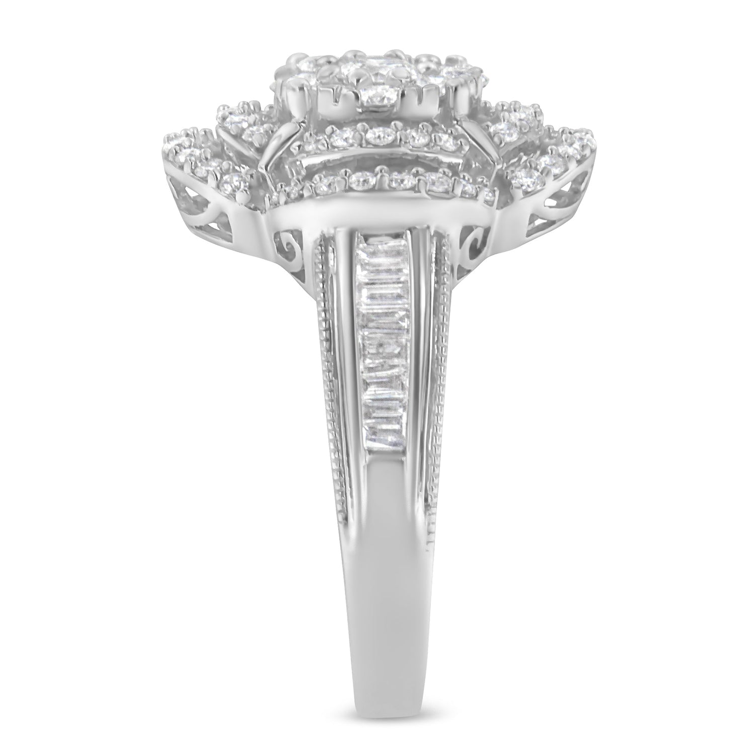 14K White Gold 1.0 Cttw Round &amp; Baguette Cut Diamond Floral Cluster Quatrefoil Channel Set Band Cocktail Statement Ring (H-I Color, SI2-I1 Clarity) - Size 6-3/4
