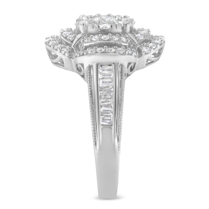 14K White Gold 1.0 Cttw Round &amp; Baguette Cut Diamond Floral Cluster Quatrefoil Channel Set Band Cocktail Statement Ring (H-I Color, SI2-I1 Clarity) - Size 6-3/4
