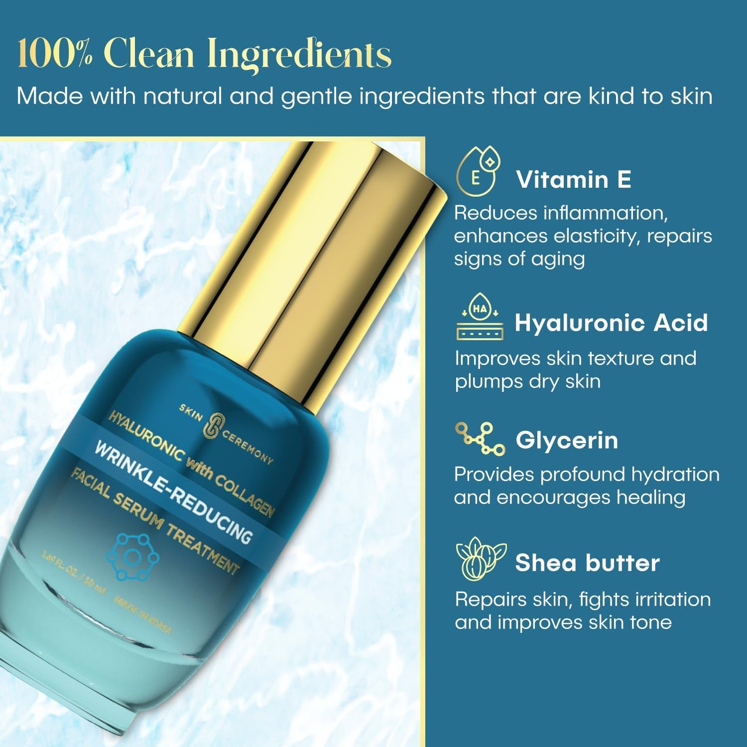 Hyaluronic Acid &amp; Collagen Wrinkle Reducing Serum - Deep Hydration, Plumps &amp; Smooths Skin - Dermatologist Tested, Clean Beauty, Korean Skin Care - 1.69 FL.OZ. by Korean Skin Care