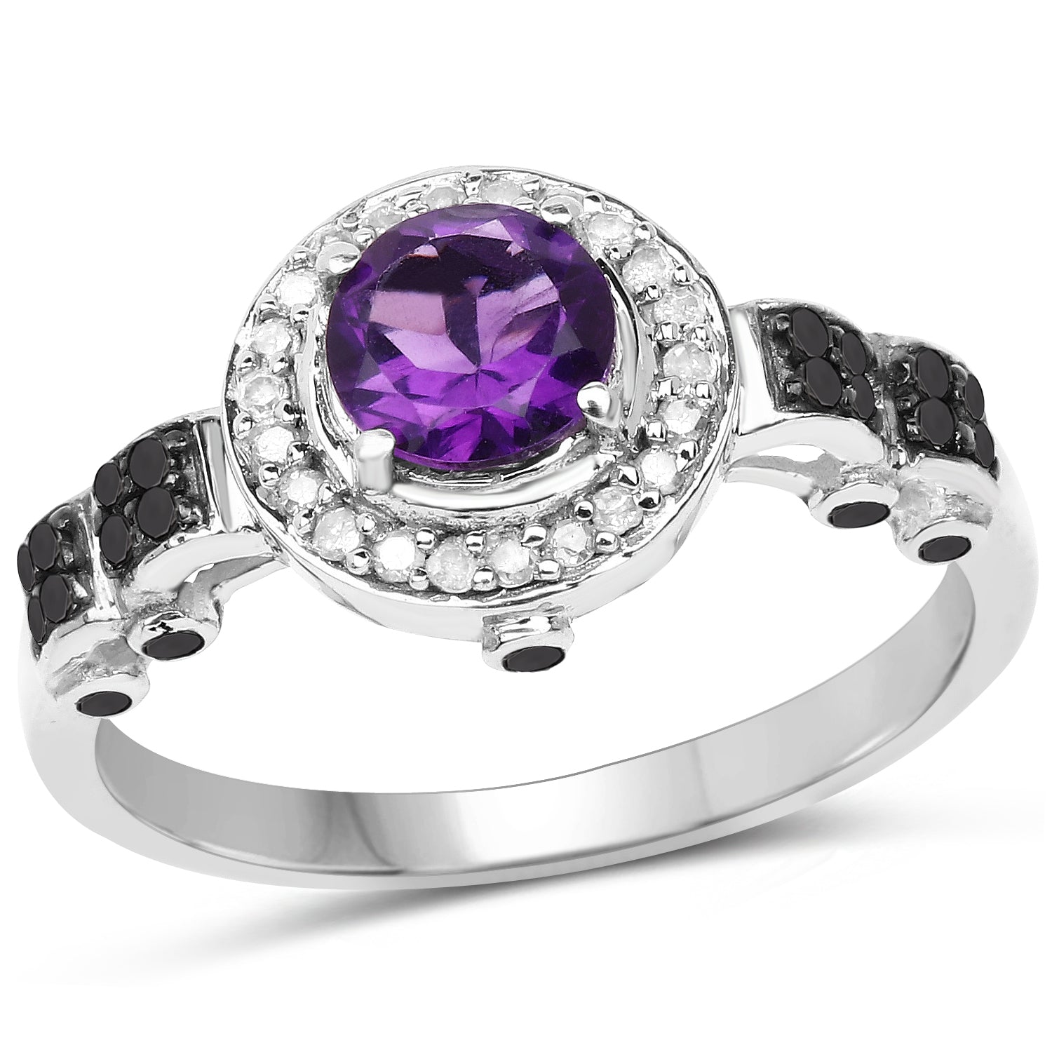 1.02 Carat Genuine Amethyst, Black Diamond &amp; White Diamond .925 Sterling Silver Ring