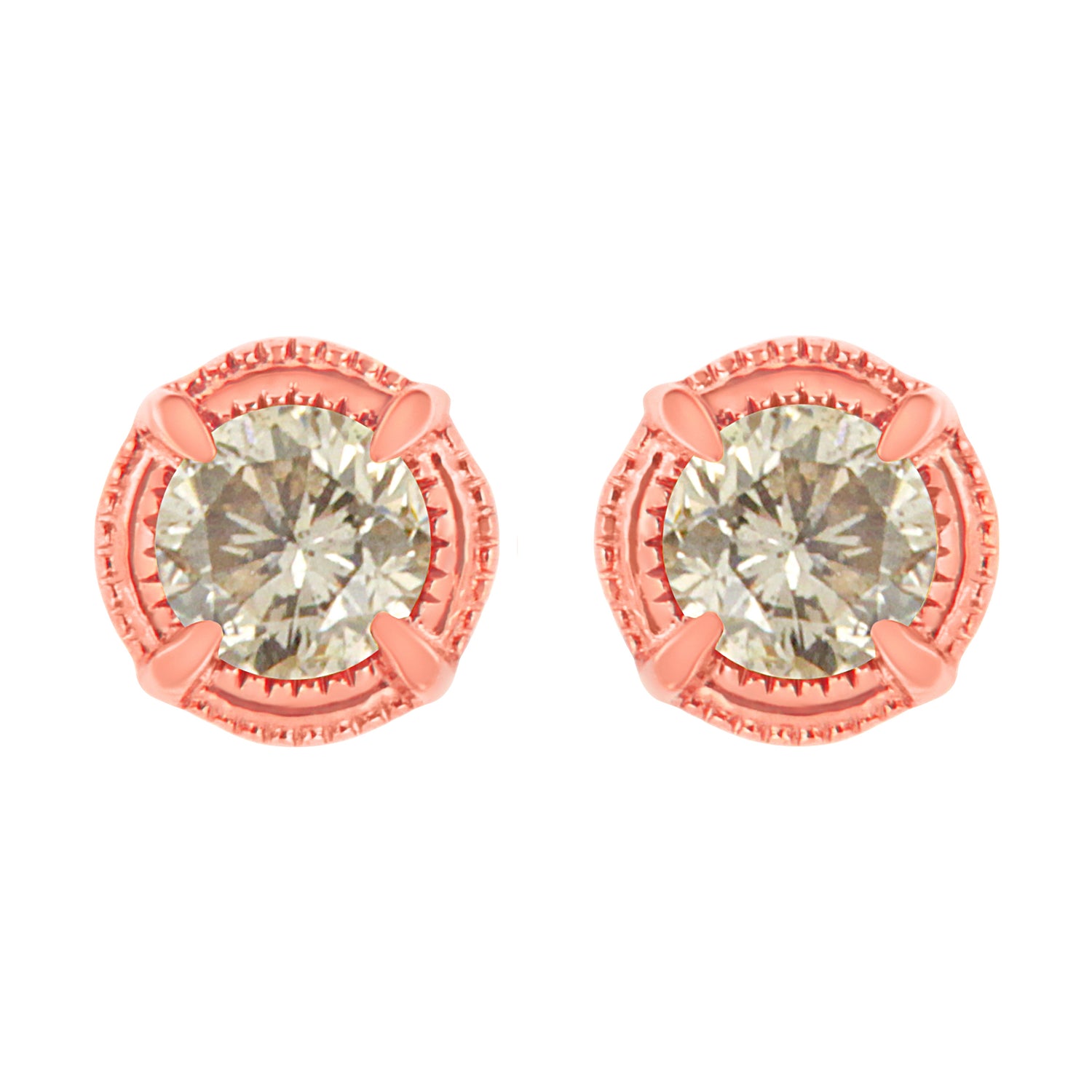 14K Yellow Gold Plated .925 Sterling Silver 1.0 Cttw Round Brilliant Cut Diamond Solitaire Milgrain Stud Earrings (K-L Color, I2-I3 Clarity)