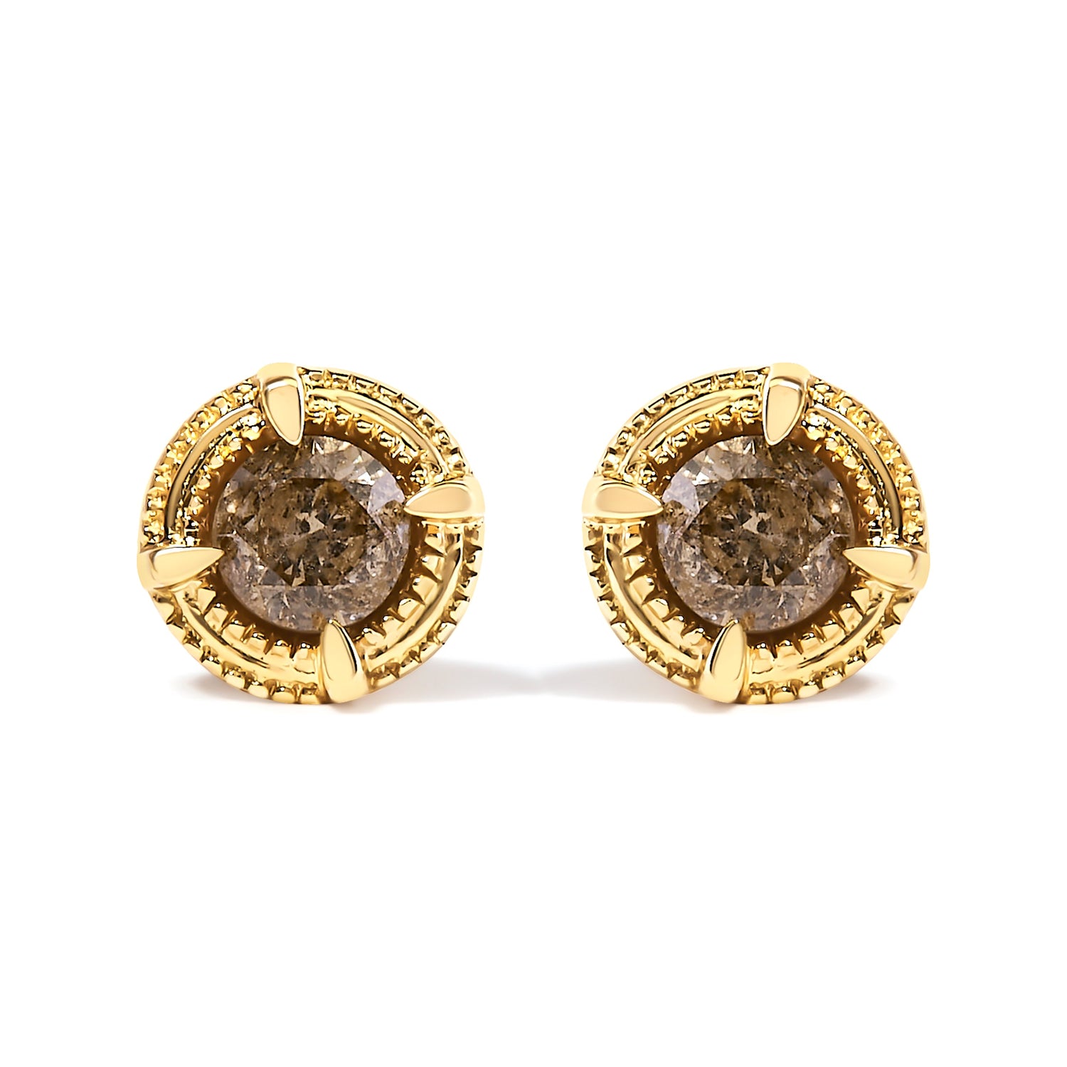 14K Yellow Gold Plated .925 Sterling Silver 1.0 Cttw Round Brilliant Cut Diamond Solitaire Milgrain Stud Earrings (K-L Color, I2-I3 Clarity)
