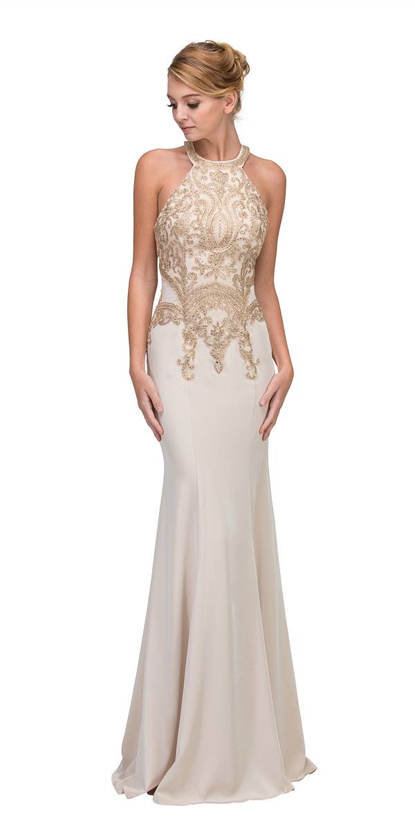 CLEARANCE - Eureka 7033 Embroidered Halter Mermaid Long Dress Racer Back (Size Small) by DiscountDressShop