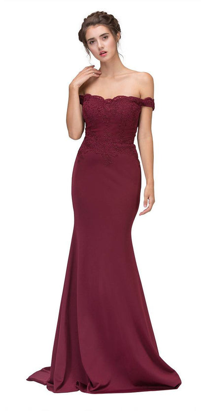 CLEARANCE - Eureka 7100 Lace Appliqued Bodice Long Dress Off-Shoulder (Size 2XL) by DiscountDressShop