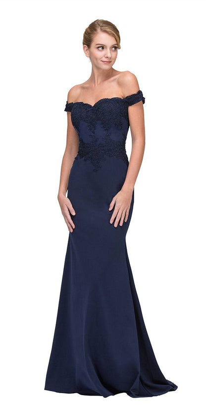 CLEARANCE - Eureka 7100 Lace Appliqued Bodice Long Dress Off-Shoulder (Size S) by DiscountDressShop