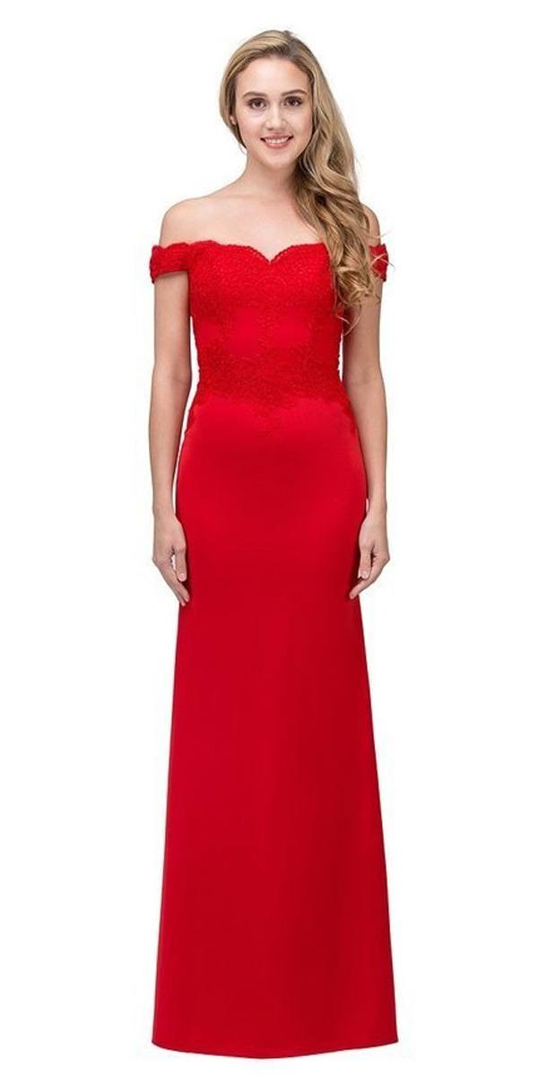 CLEARANCE - Eureka 7100 Lace Appliqued Bodice Long Dress Off-Shoulder (Size S) by DiscountDressShop
