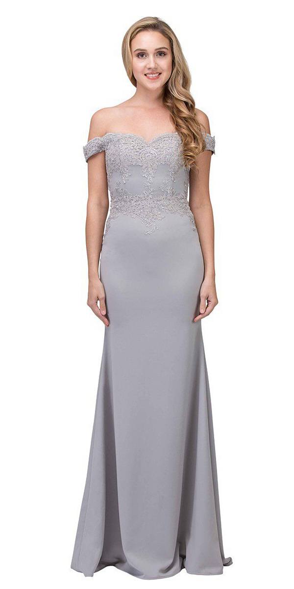 CLEARANCE - Eureka 7100 Lace Appliqued Bodice Long Dress Off-Shoulder (Size S) by DiscountDressShop