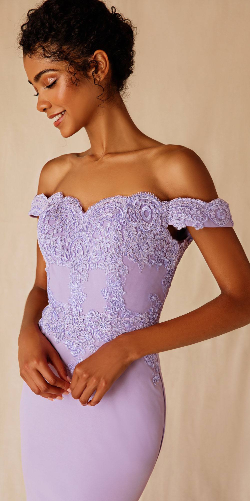 CLEARANCE - Eureka 7100 Lace Appliqued Bodice Long Dress Off-Shoulder (Size S) by DiscountDressShop