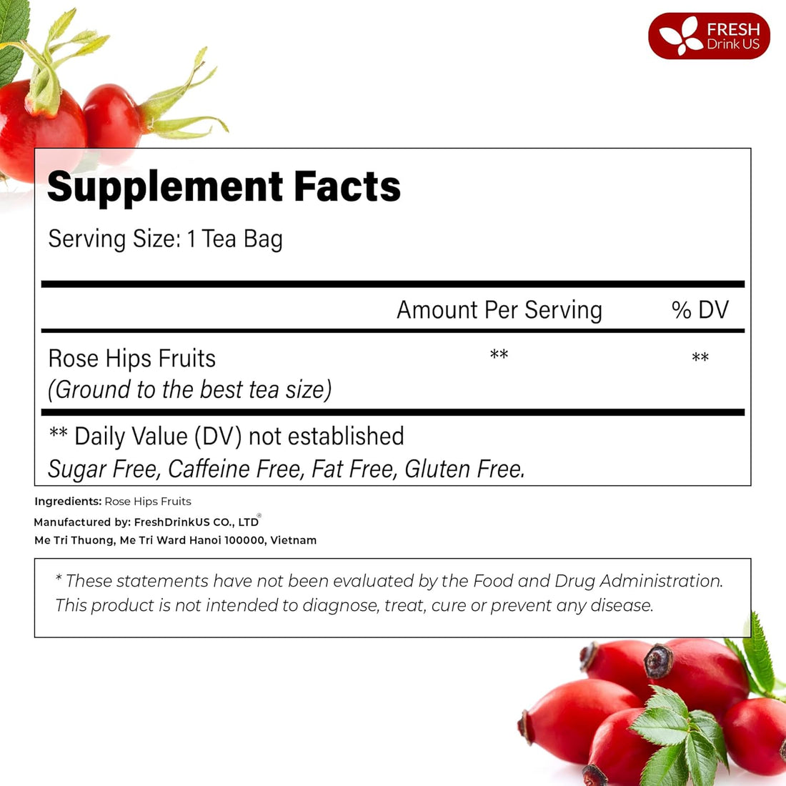 Premium Rosehip Tea Bags, 100% Natural &amp; Pure from Rose Hip Fruits. by FreshDrinkUS - Natural and Premium Herbal Tea