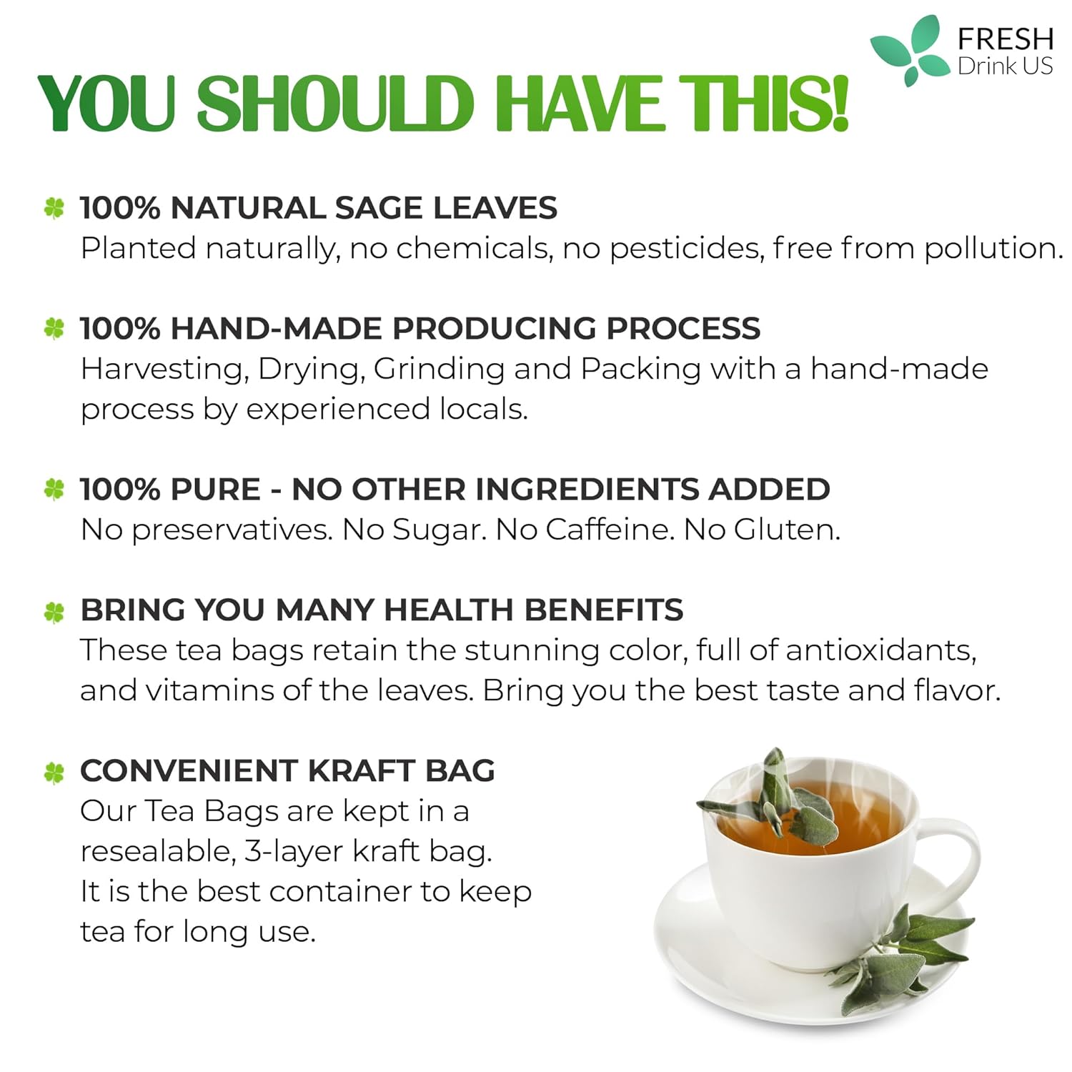 Sage Leaf Tea Bags, 100% Natural &amp; Pure from Sage Leaves. Loose Leaf Sage Herbal Tea. Sage Leaf Tea. Made with Natural Material Tea Bags. No Sugar, No Caffeine, No Gluten, Vegan. by FreshDrinkUS - Natural and Premium Herbal Tea